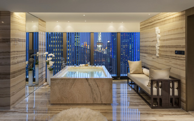 Luxury bathroom jacuzzi cityscape night free wallpaper for desktop - medium preview image