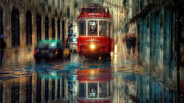 Red trolley cityscape night snow free wallpaper for desktop - medium preview image