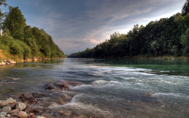 River rocks water forest clouds free wallpaper for desktop - medium preview image