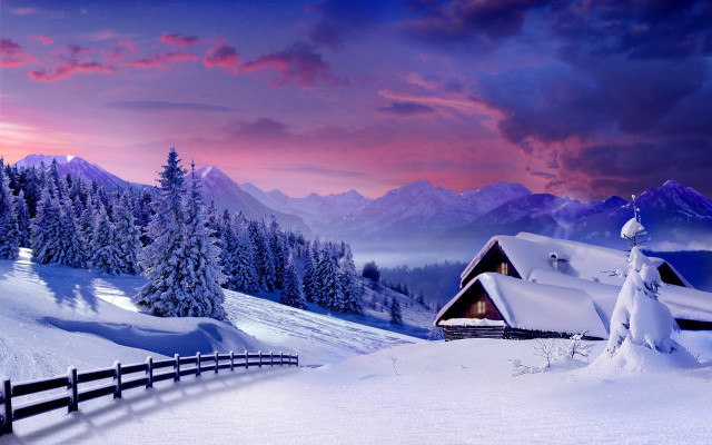 Snowy mountain scene cabin fence free wallpaper for desktop - medium preview image