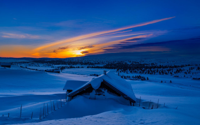 Snowy house sunset clouds matte free wallpaper for desktop - medium preview image