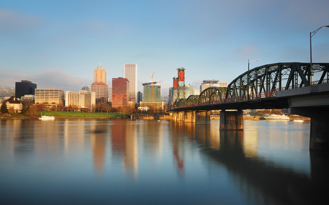 Bridge river city skyline tiltshift free wallpaper for desktop - medium preview image