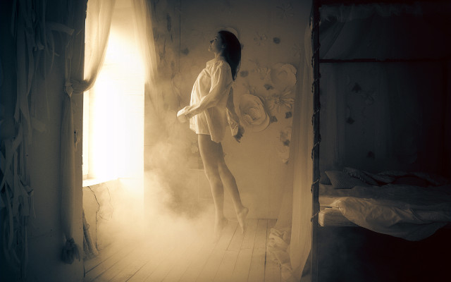 Woman bed window fog art free wallpaper for desktop - medium preview image