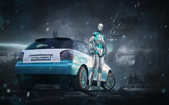 Snowy urban robot car man free wallpaper for desktop - medium preview image