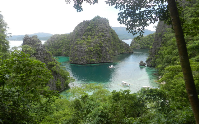 Lake forest rocks boats scenery free wallpaper for desktop - medium preview image