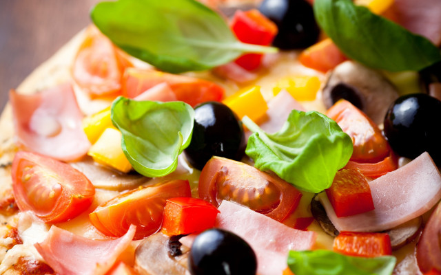 Pizza toppings blurry background food free wallpaper for desktop - medium preview image