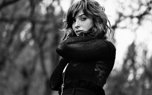 Woman crossed arms forest blackwhite free wallpaper for desktop - medium preview image