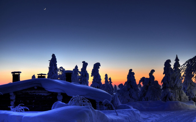 Snowy forest moonlight building night free wallpaper for desktop - medium preview image