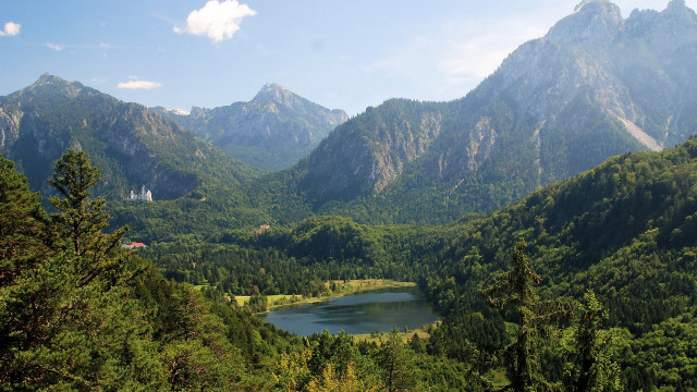 Lake mountains trees house blue free wallpaper for desktop - medium preview image