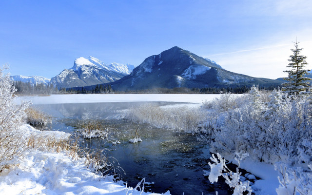 Snowy river mountains forest blue free wallpaper for desktop - medium preview image