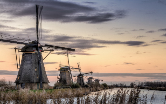 Windmill river sunset clouds landscape free wallpaper for desktop - medium preview image