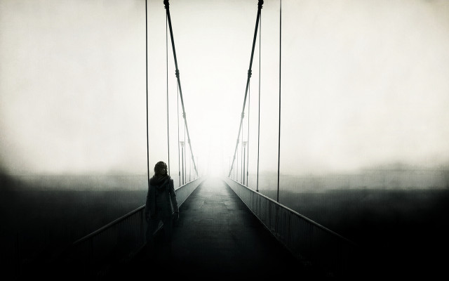 Woman bridge foggy day light free wallpaper for desktop - medium preview image