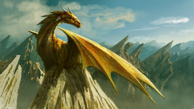 Yellow dragon mountain forest fantasy free wallpaper for desktop - medium preview image