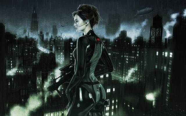 Futuristic city woman gun cyberpunk free wallpaper for desktop - medium preview image