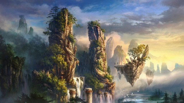 Mountain landscape waterfall bridge castle free wallpaper for desktop - medium preview image