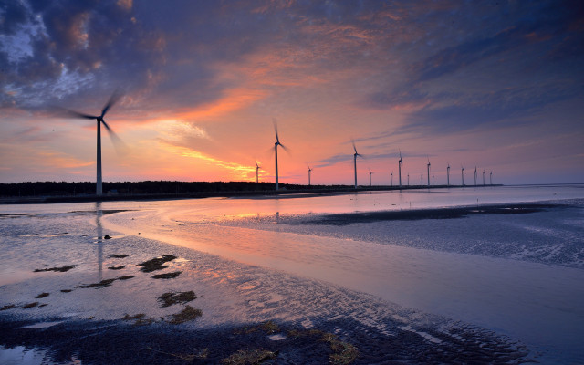 Sunset wind turbines beach ocean free wallpaper for desktop - medium preview image