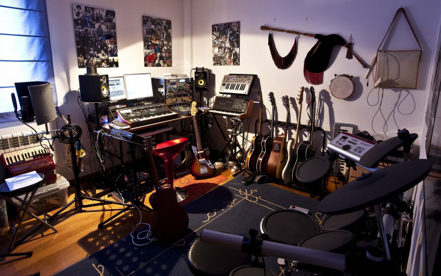 Music studio guitars wall computer free wallpaper for desktop - medium preview image