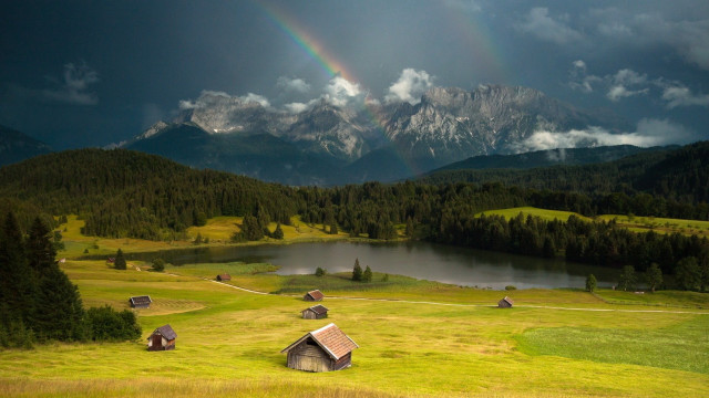 Rainbow mountain lake cabin mystical free wallpaper for desktop - medium preview image