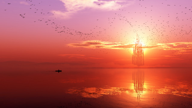 Sunset boat birds water person free wallpaper for desktop - medium preview image