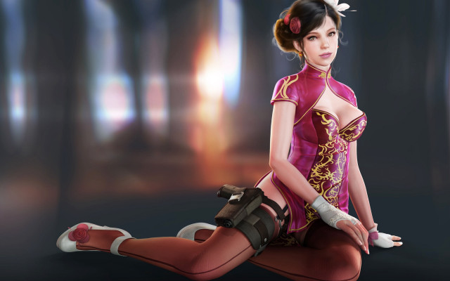 Woman pink outfit sitting gloves free wallpaper for desktop - medium preview image