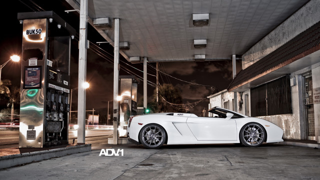 White sports car gas station free wallpaper for desktop - medium preview image