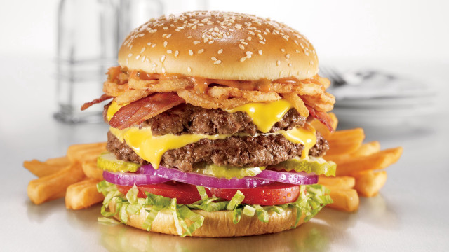 Burger bacon cheese onions frenchfries free wallpaper for desktop - medium preview image