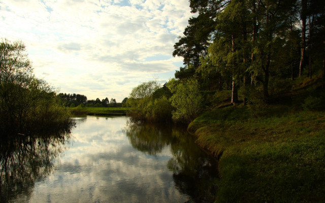 River trees clouds grassy bank free wallpaper for desktop - medium preview image