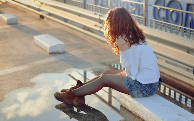 Woman sitting ledge cityscape boots free wallpaper for desktop - medium preview image