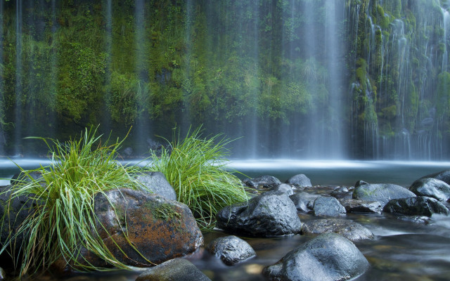 Waterfall rocks grass nature forest free wallpaper for desktop - medium preview image