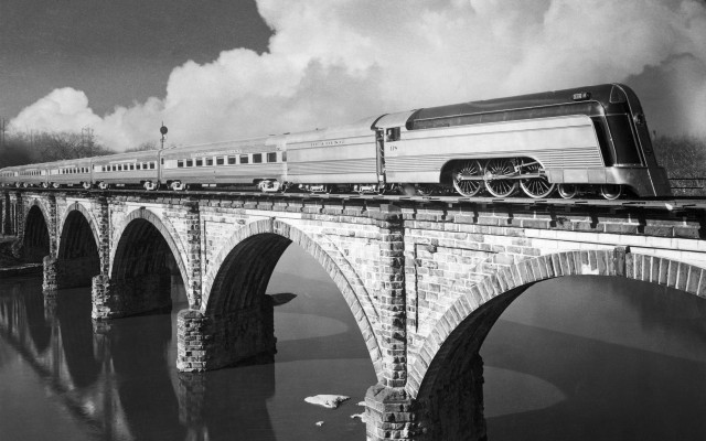 Train bridge water cloudy sky free wallpaper for desktop - medium preview image