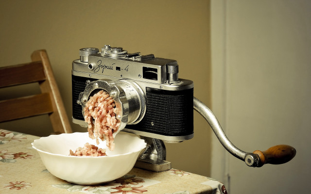 Camera bowl food surrealist sculture free wallpaper for desktop - medium preview image