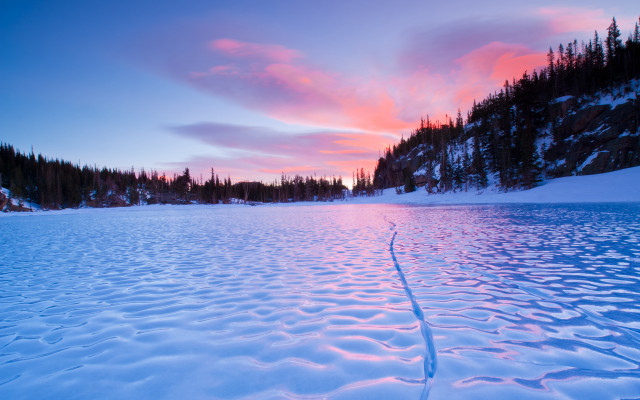 Sunset snowy lake trees pink free wallpaper for desktop - medium preview image