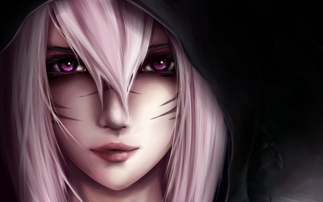 Woman pinkhair purpleeyes whitecat hood free wallpaper for desktop - medium preview image