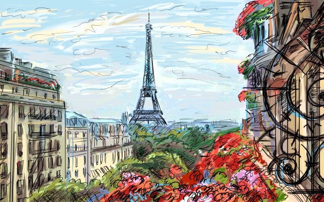Eiffel tower flowers balcony impressionist free wallpaper for desktop - medium preview image
