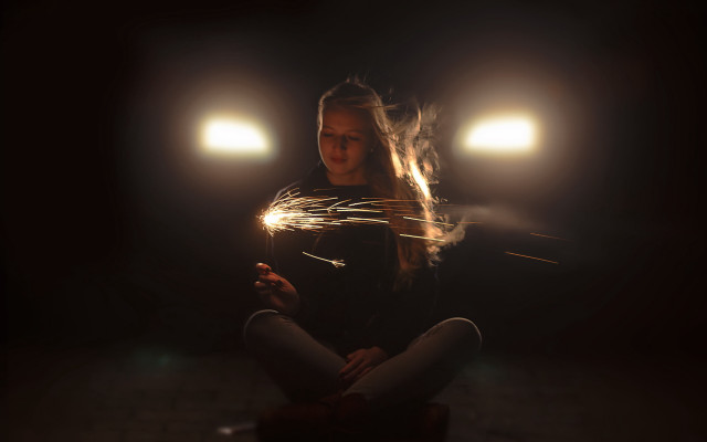 Woman sitting sparkler moonlight holography free wallpaper for desktop - medium preview image