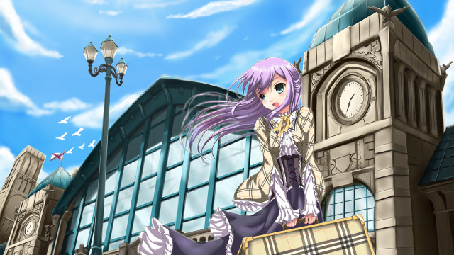 Purple haired girl outdoor clock free wallpaper for desktop - medium preview image