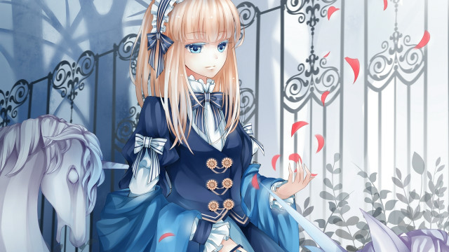 Anime girl blue dress horse free wallpaper for desktop - medium preview image