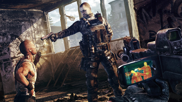 Futuristic suit man pointing ruined free wallpaper for desktop - medium preview image