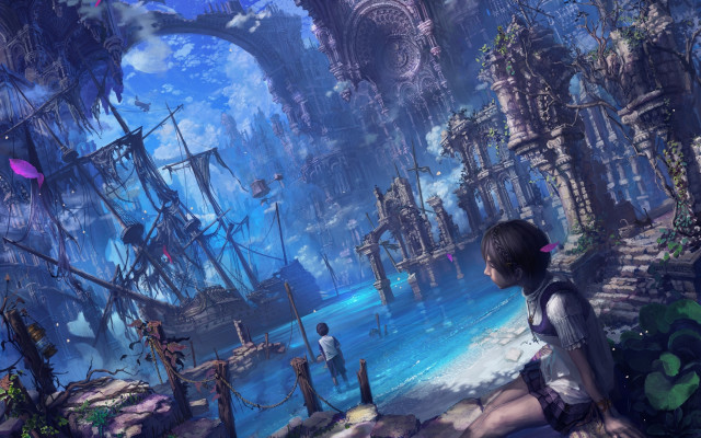 Girl ship dock fantasy matte free wallpaper for desktop - medium preview image