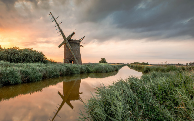 Windmill river sunset reflection clouds free wallpaper for desktop - medium preview image