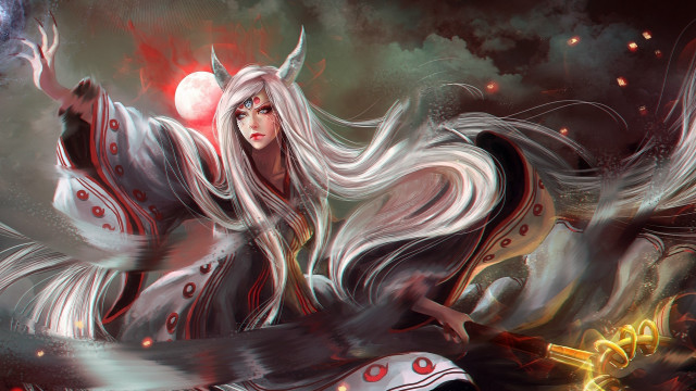 White haired woman sword red free wallpaper for desktop - medium preview image