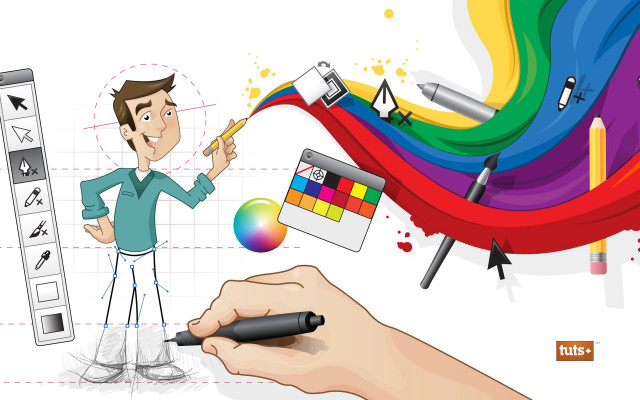 Man drawing rainbow colored design free wallpaper for desktop - medium preview image