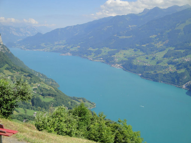 Bench lake mountains valley town free wallpaper for desktop - medium preview image