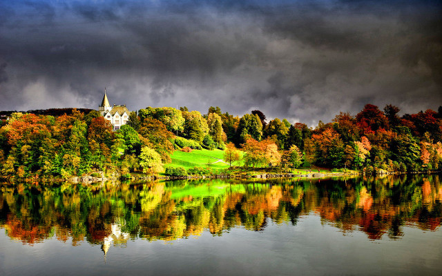 Lake church trees dark sky free wallpaper for desktop - medium preview image