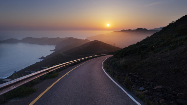 Sunset road water hill mountain free wallpaper for desktop - medium preview image