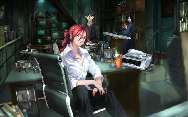 Woman redhair sitting desk portrait free wallpaper for desktop - medium preview image