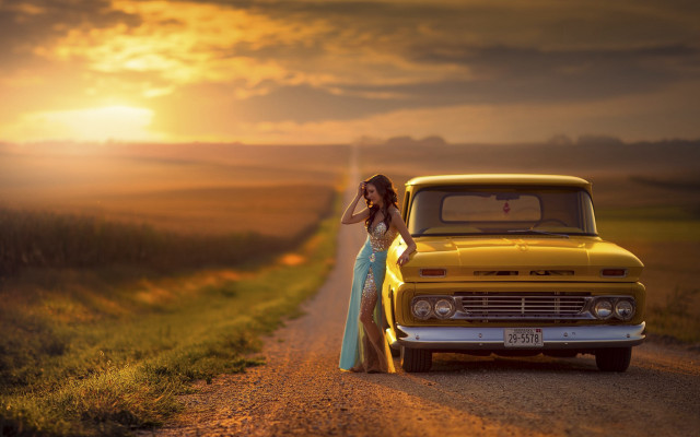 Woman dress yellow truck dusk free wallpaper for desktop - medium preview image