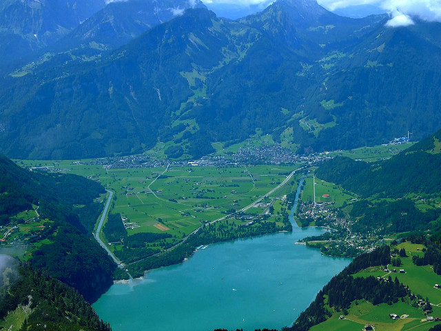 Lake mountains valley town plane free wallpaper for desktop - medium preview image