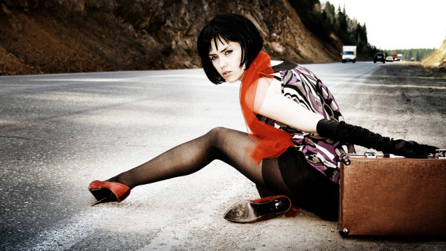 Woman road suitcase redscarf fashion free wallpaper for desktop - medium preview image