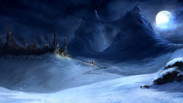 Snowy landscape castle moon aurora free wallpaper for desktop - medium preview image